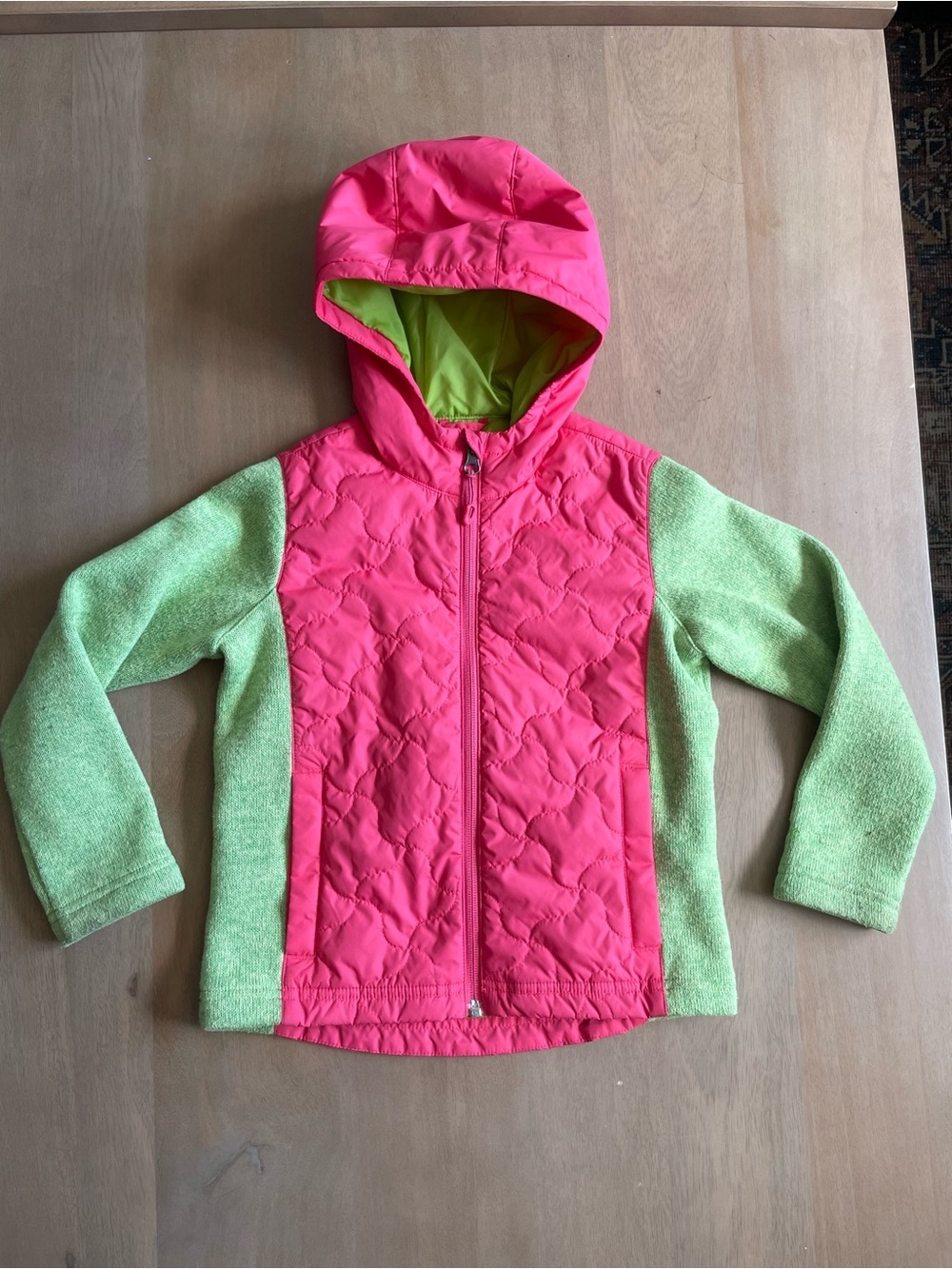L.L. Bean Pink and Lime Green Quilted Hooded Light Weight Jacket